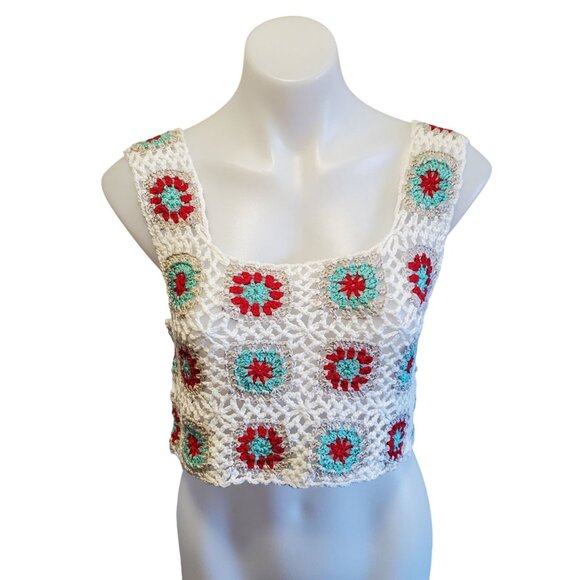 LE LIS White Granny Square Crochet Boho Festival Croped Top Small NWT - Picture 1 of 5